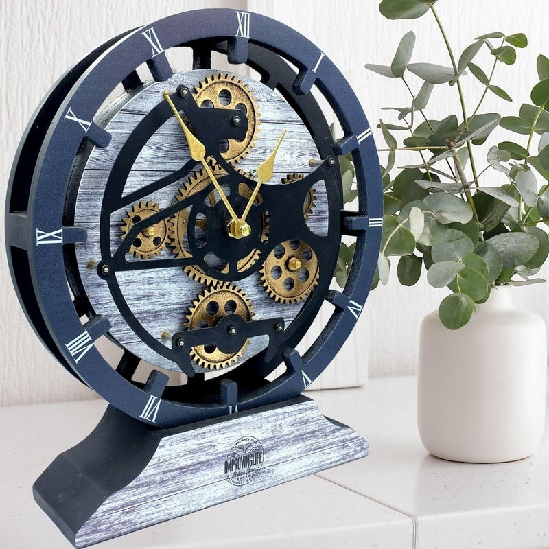 ImprovingLife The Gears Clock Desk Clock 10 inches with Real Moving Gears Convertible into Wall Clock (Silver Glamour) - Image 1